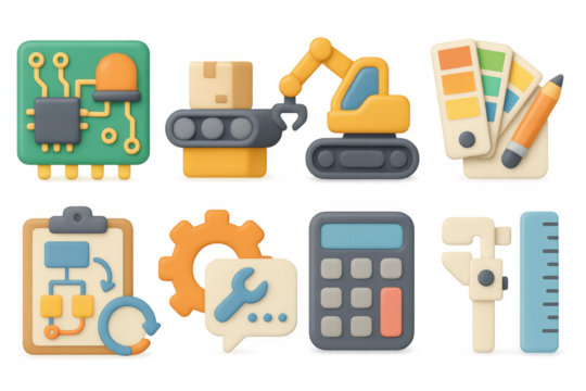 3d industrial icon set featuring robotics, engineering, and circuit elements