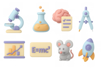 Cute 3d science icons with pastel tones for educational themes