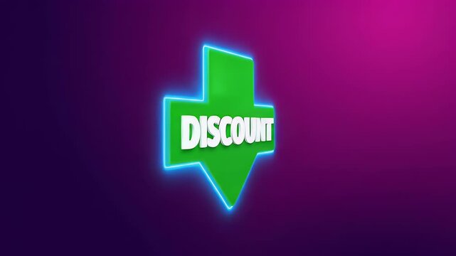 Vibrant 3D Discount Arrow with Blue Neon Glow on Gradient Purple Background - Sales Promotion Concept