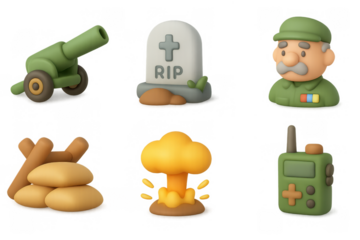 Cartoon military icons set featuring cannon, soldier, and radio