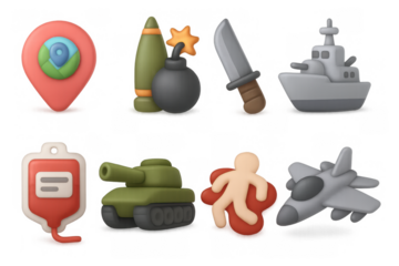 3d icon set featuring military symbols and navigation elements