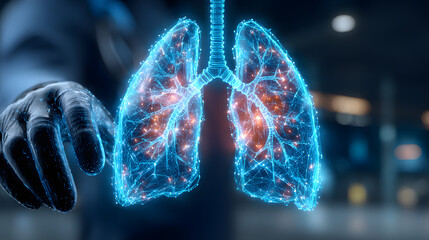 futuristic medical banner with copy space, featuring lungs healthcare, asthma treatment, and respiratory cancer diagnosis in a clinical hospital environment focused on patient care