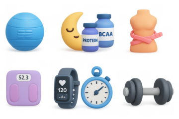 Fitness and wellness 3d elements: dumbbell, stopwatch, protein supplements, smartwatch