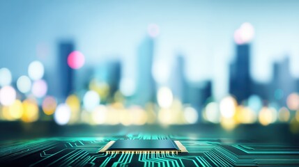 Futuristic cityscape integrated with complex circuitry, a vision of technological advancement