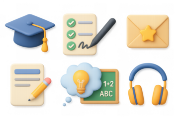 Educational 3d icons set: graduation cap, checklist, envelope, pencil, lightbulb, chalkboard, headphones