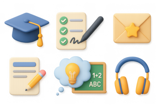 Educational 3d icons set: graduation cap, checklist, envelope, pencil, lightbulb, chalkboard, headphones