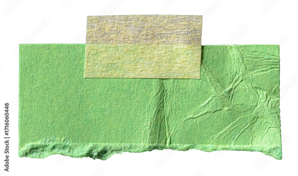 Poster piece of green crumpled paper memo note with texture and adhesive sticky tape with copy space for te