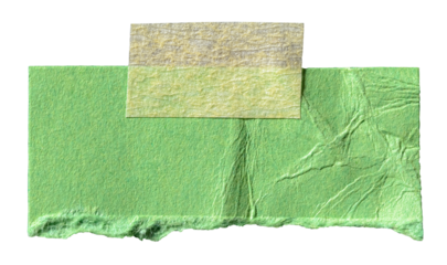 Piece of green crumpled paper memo note with texture and adhesive sticky tape with copy space for text, isolated transparent png background design element