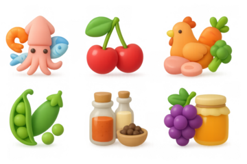 Cute 3d cartoon food icons featuring animals, fruits, and veggies