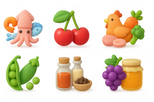 Cute 3d cartoon food icons featuring animals, fruits, and veggies