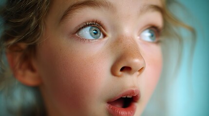 A surprised young girl with blue eyes and curly hair, capturing a moment of wonder and curiosity.