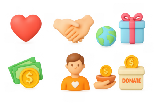 3d icons of charity and generosity: heart, earth, donation box, and more