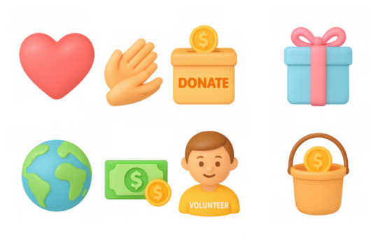 3d charity icon set: heart, donation, volunteer, gift, earth, money - Powered by Adobe