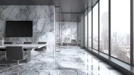 A modern, expansive office space features cool-toned marble walls and flooring, complemented by floor-to-ceiling windows offering a sweeping cityscape view, evoking a sense of calm sophistication.