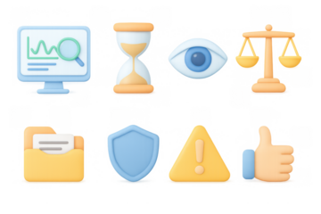 3d icons for data analytics and security: chart, hourglass, scales, folder, shield, alert, thumbs up
