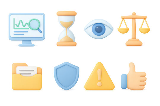 3d icons for data analytics and security: chart, hourglass, scales, folder, shield, alert, thumbs up