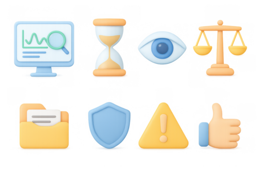 3d icons for data analytics and security: chart, hourglass, scales, folder, shield, alert, thumbs up