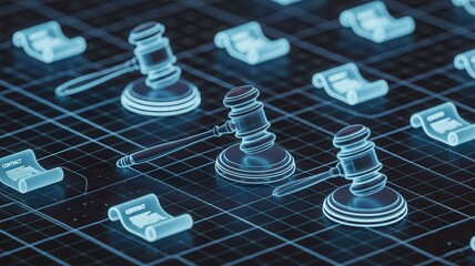 Digital contract concept with gavel and documents representing law and legal proceedings