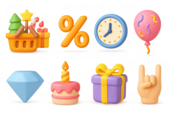 Colorful 3d element set with balloons, cake, gift, and more for celebrations