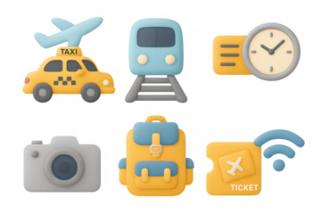 Cute 3d travel icons: plane, train, taxi, clock, backpack, camera, ticket, wifi