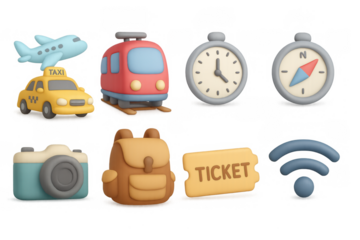 Travel essentials in cute 3d style: transportation and adventure icons collection