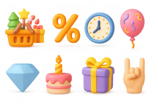 Colorful 3d element set with balloons, cake, gift, and more for celebrations