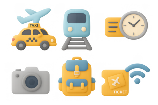 Cute 3d travel icons: plane, train, taxi, clock, backpack, camera, ticket, wifi