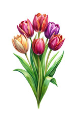 Fototapeta premium Watercolor illustration of a beautiful bouquet of vibrant tulips on a white background