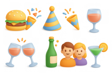 Colorful cartoon celebration elements with party hats, drinks, and snacks