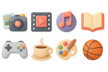 Colorful 3d icons set featuring camera, music, book, and more