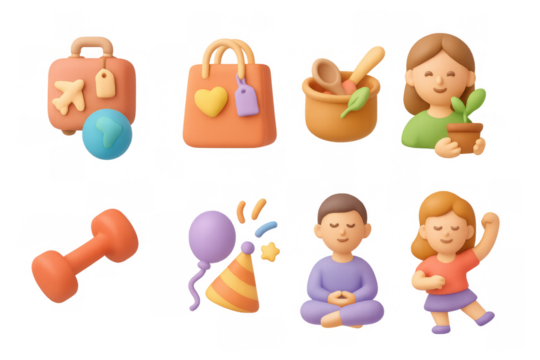 Cute 3d icons of travel, plants, fitness, and relaxation activities