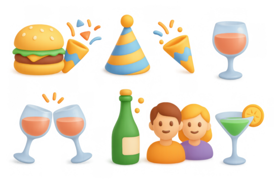 Colorful cartoon celebration elements with party hats, drinks, and snacks - Powered by Adobe