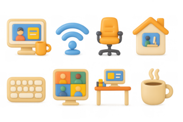 Colorful isometric office and home icon set for remote work and communication