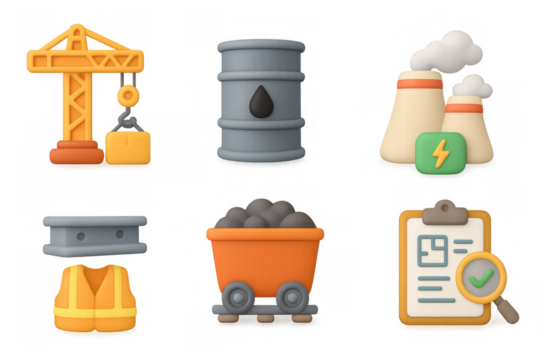 3d industrial icons set: construction, energy, and resources