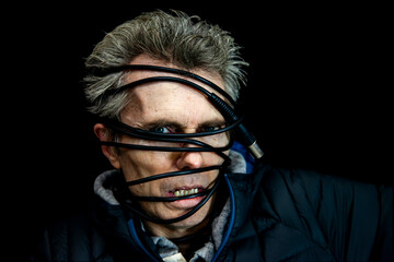 Man's face trapped in tangled wires, symbolizing digital stress and overwhelming technology