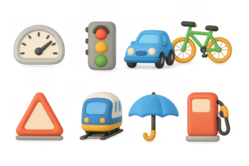3d transportation icons: cars, bikes, and trains in colorful style
