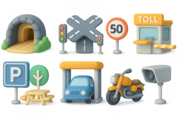3d cartoon transportation icons: tunnel, traffic light, and more
