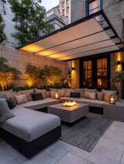 A sophisticated outdoor patio space with a modern pergola, comfortable seating, and a fire pit, bathed in warm evening light.