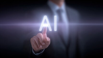 Businessman in suit activates futuristic touchscreen interface, a glimpse into technological advancement