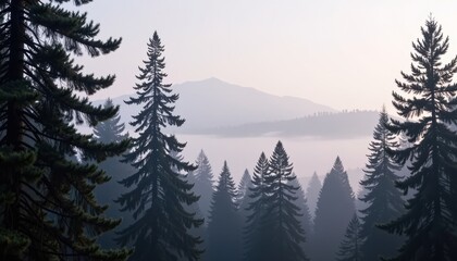 Fototapeta premium Misty Pine Forest with Pastel Lavender Hues