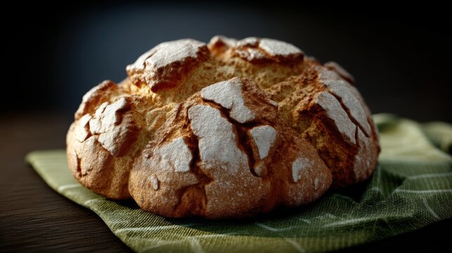 Artisanal sourdough bread freshly baked with a beautiful golden crust resting on a rustic green linen cloth creating a sense of warmth and tradition