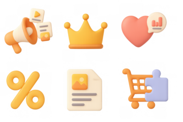 3d colorful icons set: shopping, communication, analytics, royalty, and finance