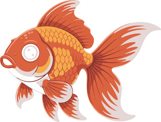Cute cartoon goldfish swimming in clear blue water with plants