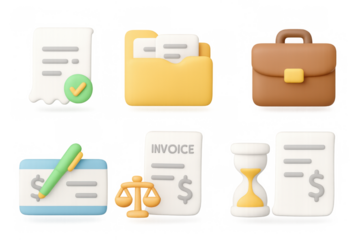 Financial icons set with 3d style: invoice, receipt, briefcase, and more