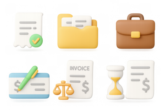 Financial icons set with 3d style: invoice, receipt, briefcase, and more