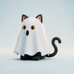 Adorable cat figurine with ghost costume design featu black tail and pointed ears on a plain light background