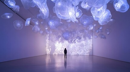 Floating jellyfish art installation in modern gallery