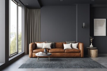 A contemporary living room design showcases a plush, brown leather couch, accented by neutral tones and natural light streaming through large windows.