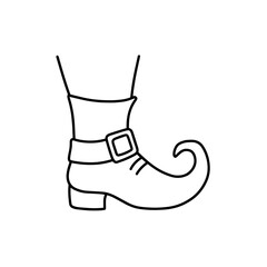 Cartoon elf shoe with curled tip and buckle design  
