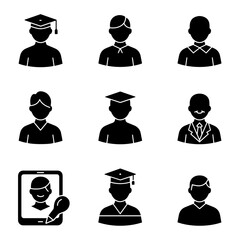 Educational icons representing students and graduates in various styles  